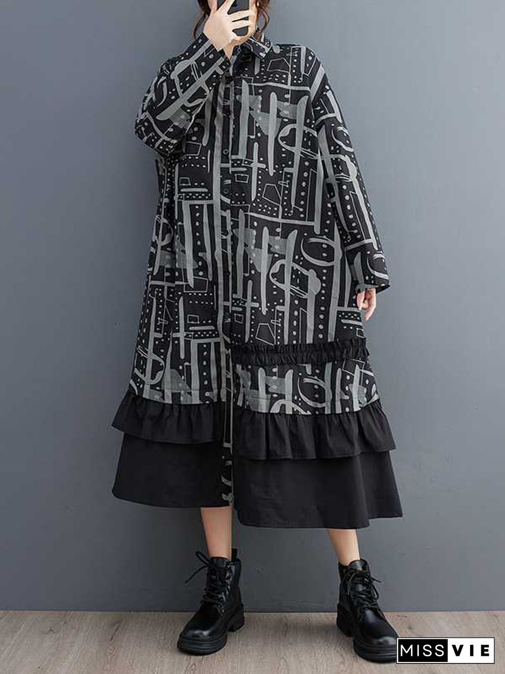 A-Line Long Sleeves Asymmetric Buttoned Printed Split-Joint Lapel Midi Dresses