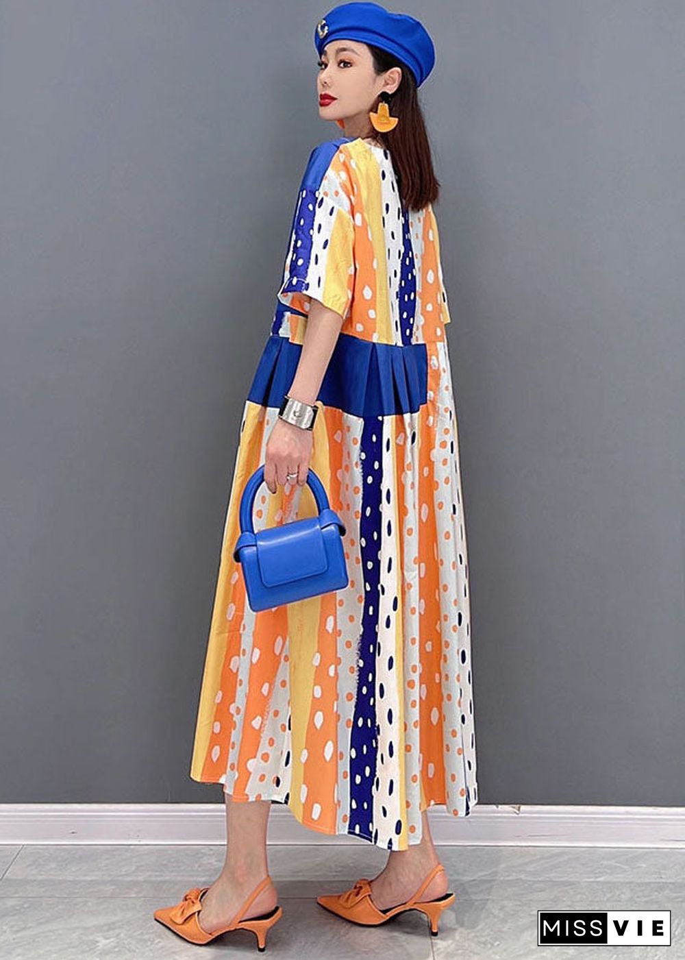 Women Blue Dot Print Patchwork Cotton Pleated Long Dress Short Sleeve