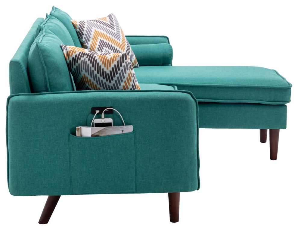 Mia Green Linen Fabric Sectional Sofa Chaise With USB Charger  ampPillows   Midcentury   Sectional Sofas   by Lilola Home  Houzz