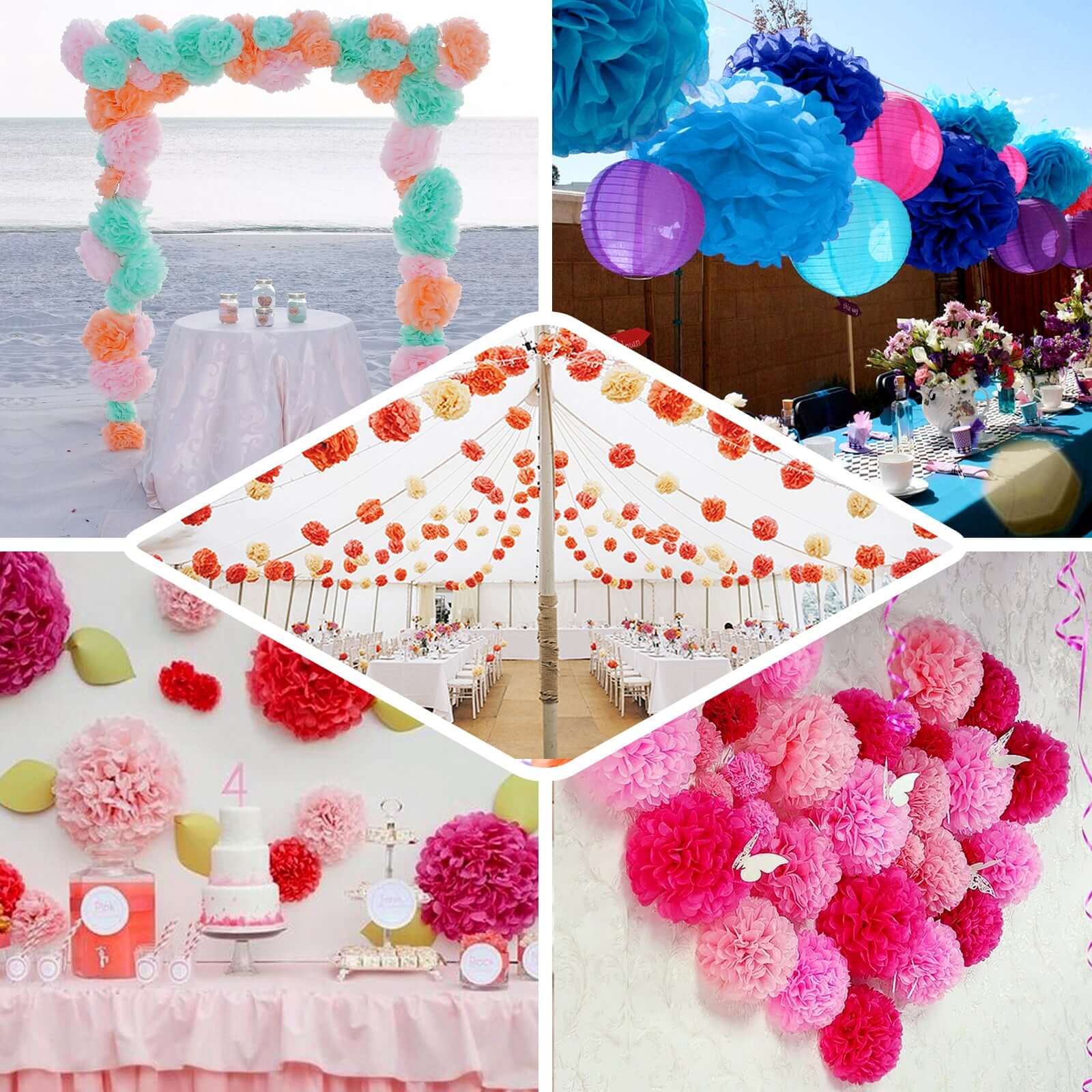 6 Pack Red Tissue Paper Pom Poms Flower Balls, Ceiling Wall Hanging Decorations - 10