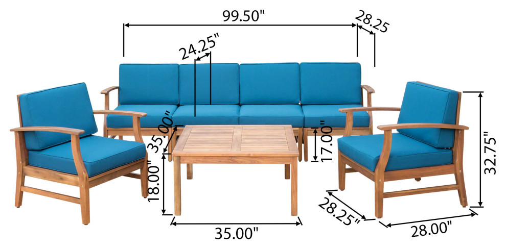 GDF Studio Scarlett Outdoor 6 Seat Teak Finished Acacia Wood Sofa and Table Set   Contemporary   Outdoor Lounge Sets   by GDFStudio  Houzz