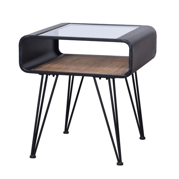 Aaron - Table - Graphite Metal， Clear Glass Top， Rattan Lower Shelf