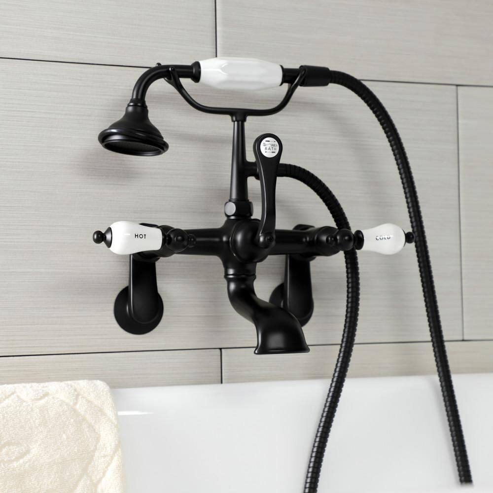 Kingston Brass Aqua Vintage 3-Handle Wall-Mount Clawfoot Tub Faucets with Hand Shower in Matte Black HAE53T0