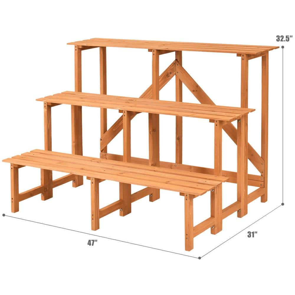 Costway 47 in. L x 31 in. W x 32.5 in. H Indoor/Outdoor Yellow Wood Plant Stand 3-Tier CYW50356