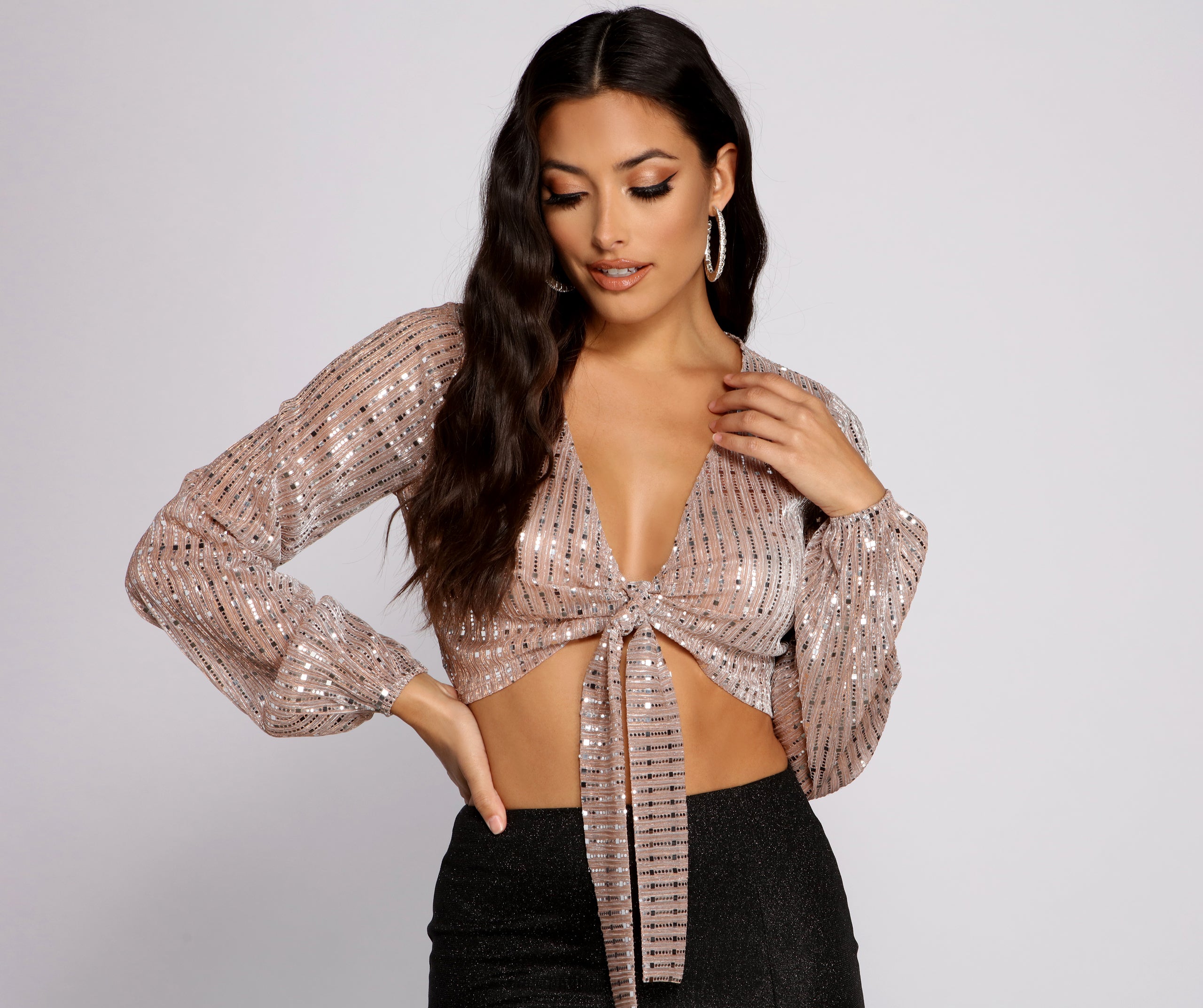 Fab Sequin Tie Front Top