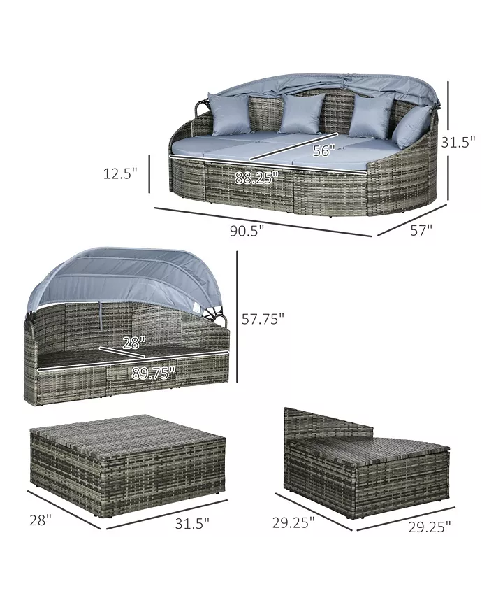 Outsunny 4-Piece Outdoor Rattan Furniture Set Round Convertible Patio Daybed or Sunbed Sectional Sofa with Canopy Pillows Cushions Footrest Table PE Plastic Wicker Light Grey