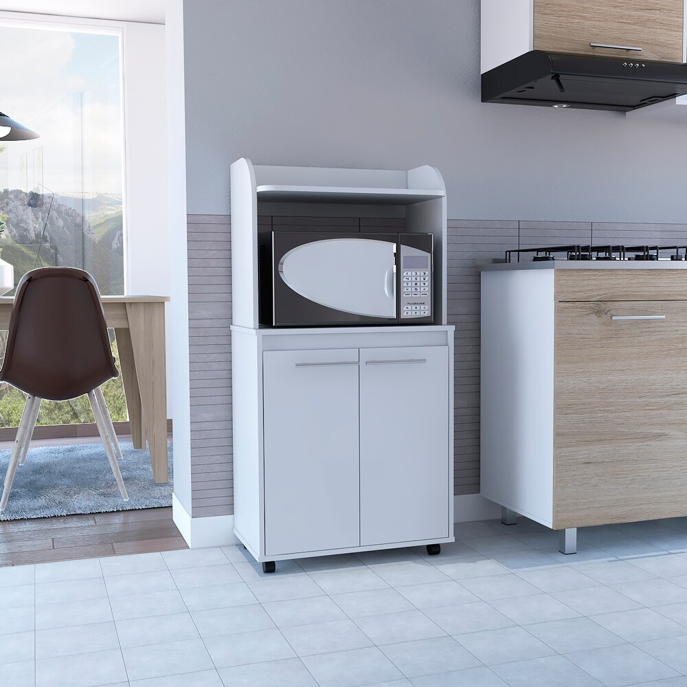 Modern Wood Kitchen Cart 2 Interior Shelves Double Door Cabinet 1 Open Shelf Cart Microwave Cart  White