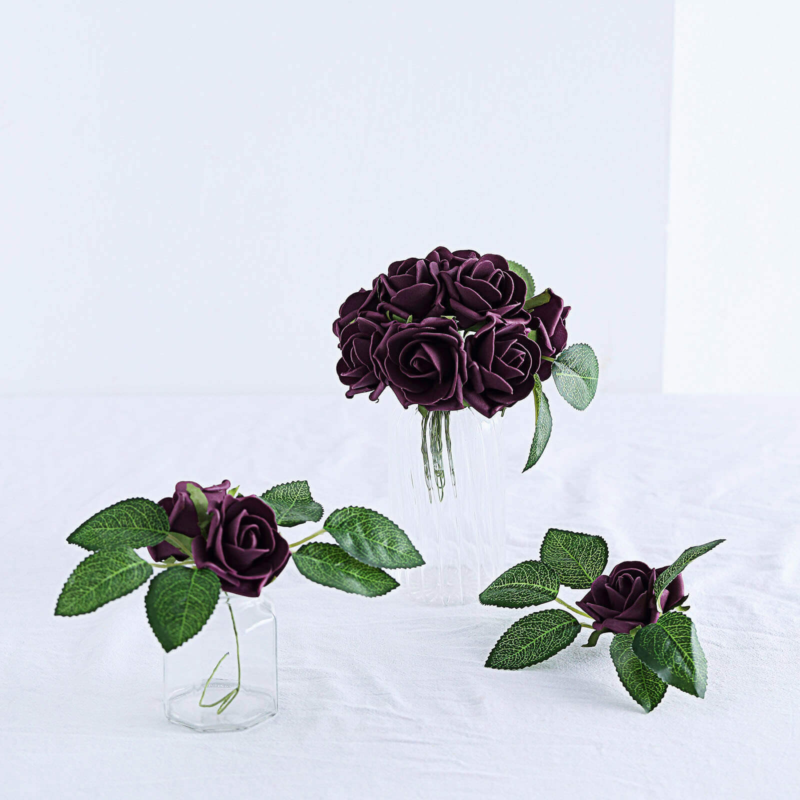 24 Roses Eggplant Artificial Foam Flowers With Stem Wire and Leaves 2