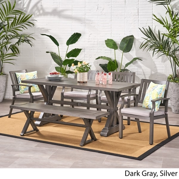 Lombok Outdoor Modern 6 Seater Aluminum Dining Set with Dining Bench by Christopher Knight Home