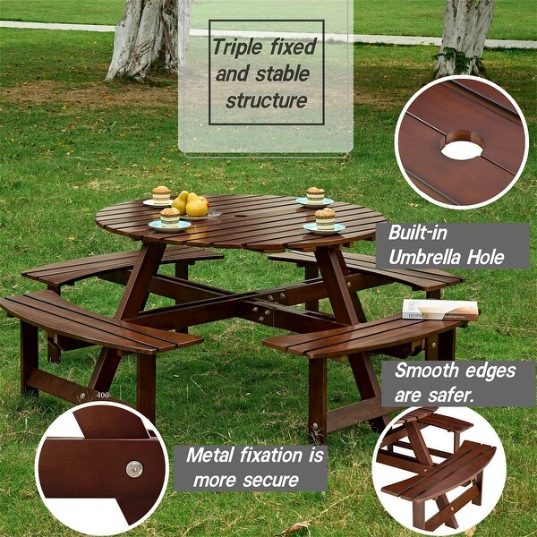 Outdoor Round Picnic Table with 4 Builtin Benches and Umbrella Hole