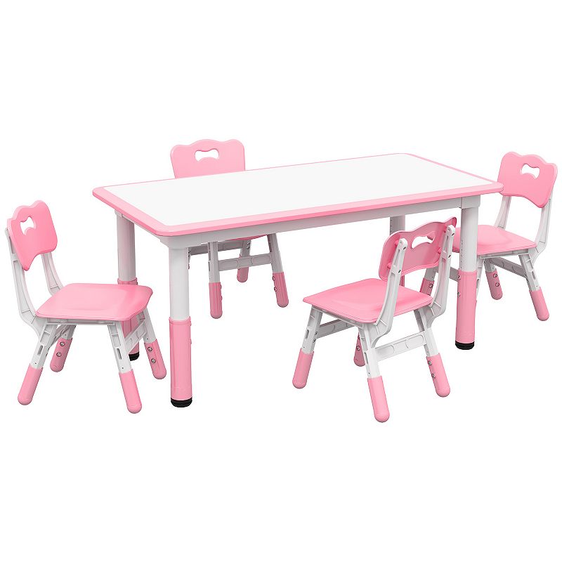 Qaba Kids Table and Chair Set with 4 Chairs， Adjustable Height， Easy to Clean Table Surface， for 1.5 - 5 Years Old