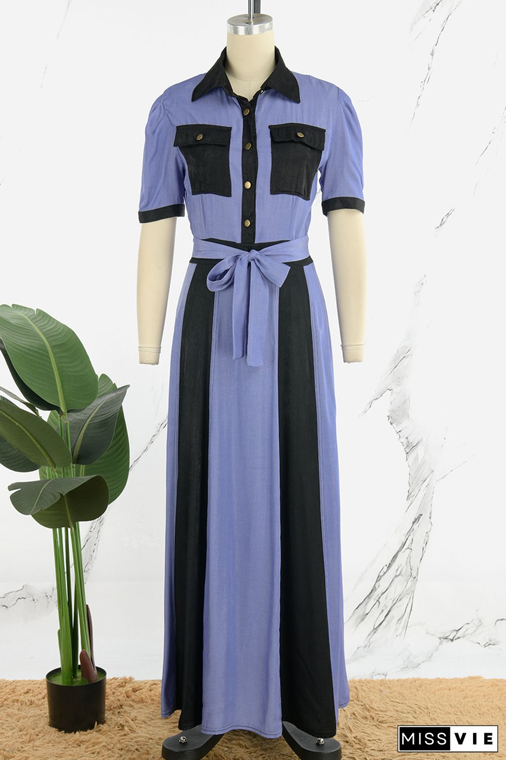 Blue Casual Color Block Bandage Patchwork Pocket Buckle V Neck Long Dress Dresses