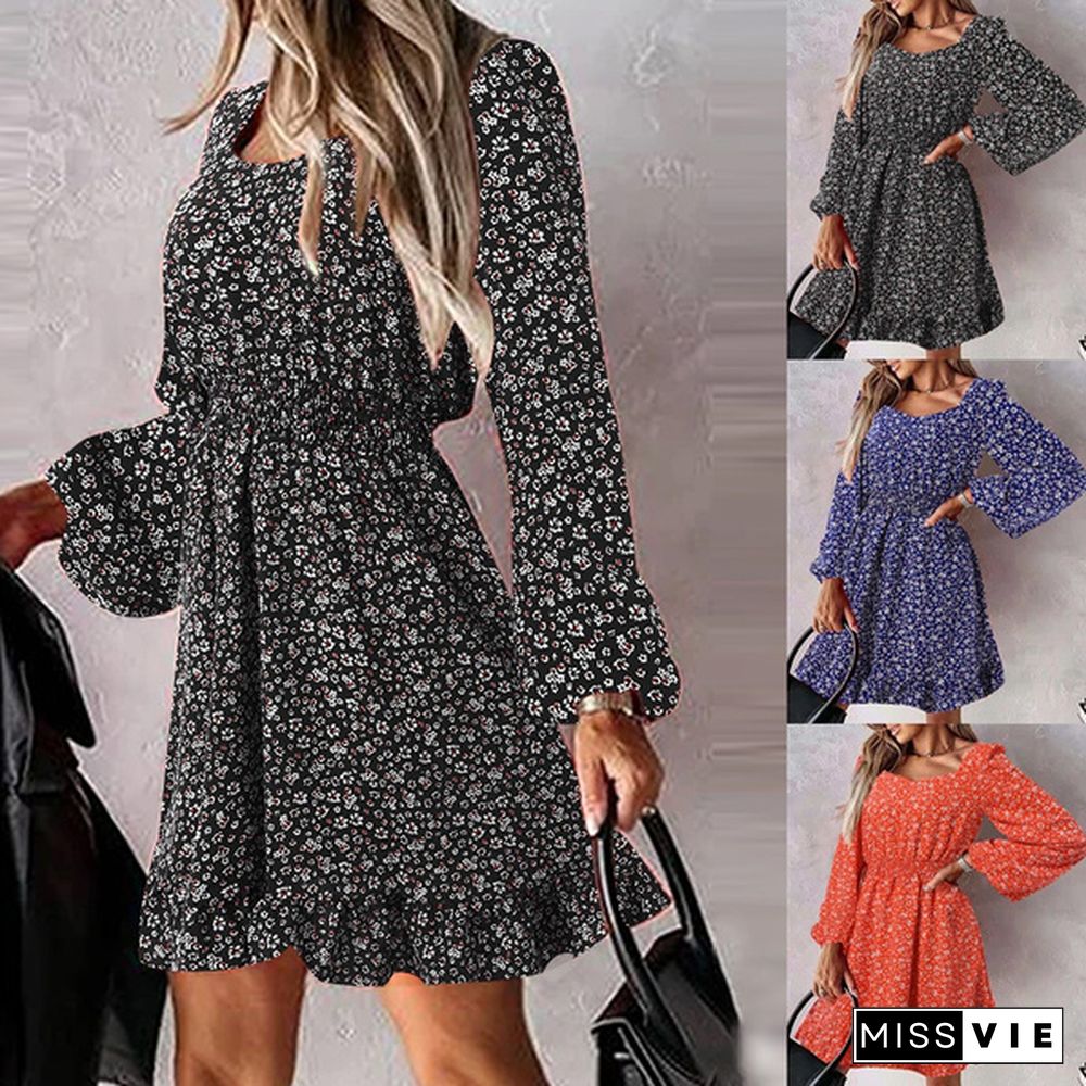 Spring Autumn Women Floral Print Mini Dress Puff Long Sleeve Square Neck Ruffled Hem Party Casual Pleated Short Dress Plus Size