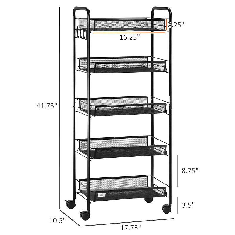 HOMCOM 5 Tier Utility Rolling Cart， Metal Storage Cart， Kitchen Cart with Removable Mesh Baskets， for Living Room， Laundry， Garage and Bathroom， Black