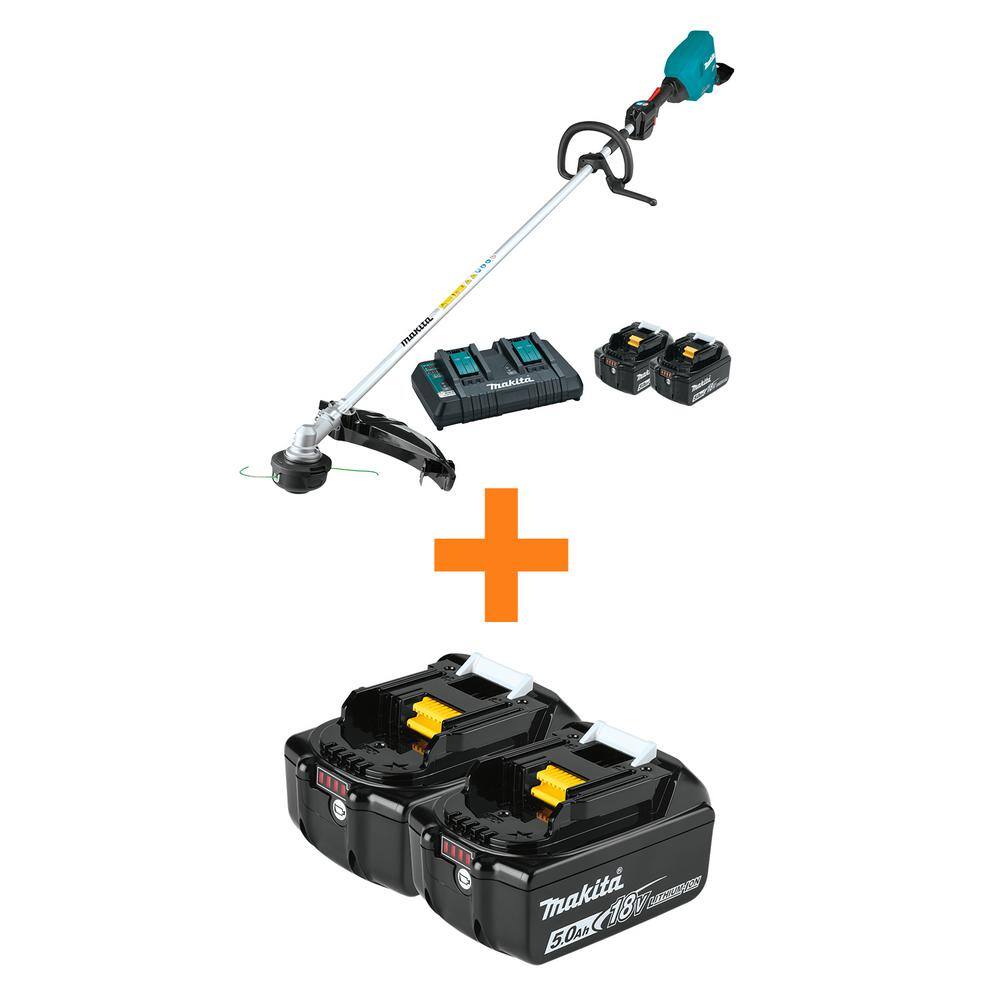 Makita 18V X2 (36V) LXT Lithium-Ion Brushless Cordless String Trimmer Kit (5.0 Ah) with bonus 18V LXT Battery 5.0 Ah (2-Pack) XRU17PT-BL18502