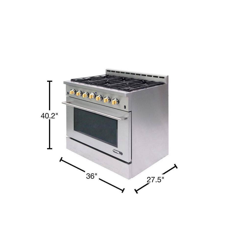 NXR Entree Bundle 36 in. 5.5 cu. ft. Pro-Style Liquid Propane Gas Range Convection Oven and Hood in Stainless Steel and Gold NK3611LPEHBD-G