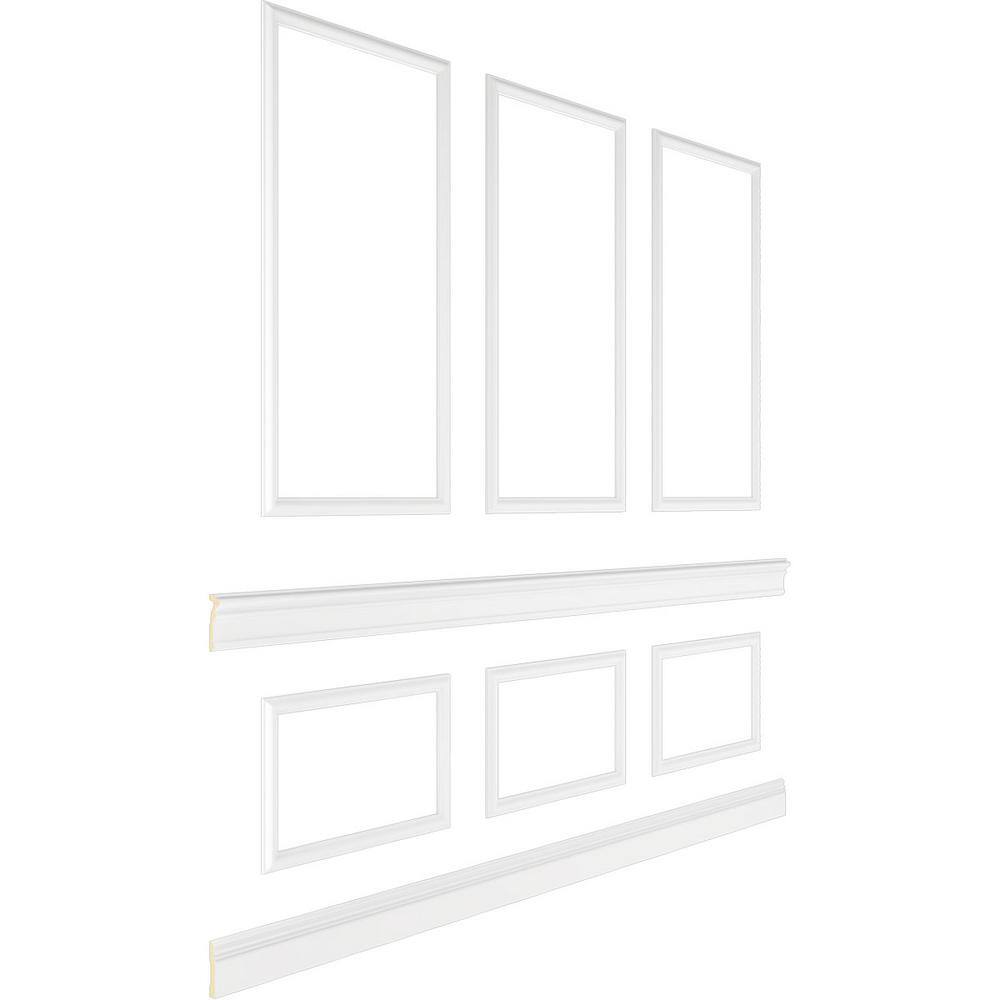 Ekena Millwork 94 12 in. (Adjustable 96 in. to 120 in.) 63 sq. ft. Polyurethane Ashford Square Panel Stacked Wall Wainscot Kit Primed WPKUST012P096