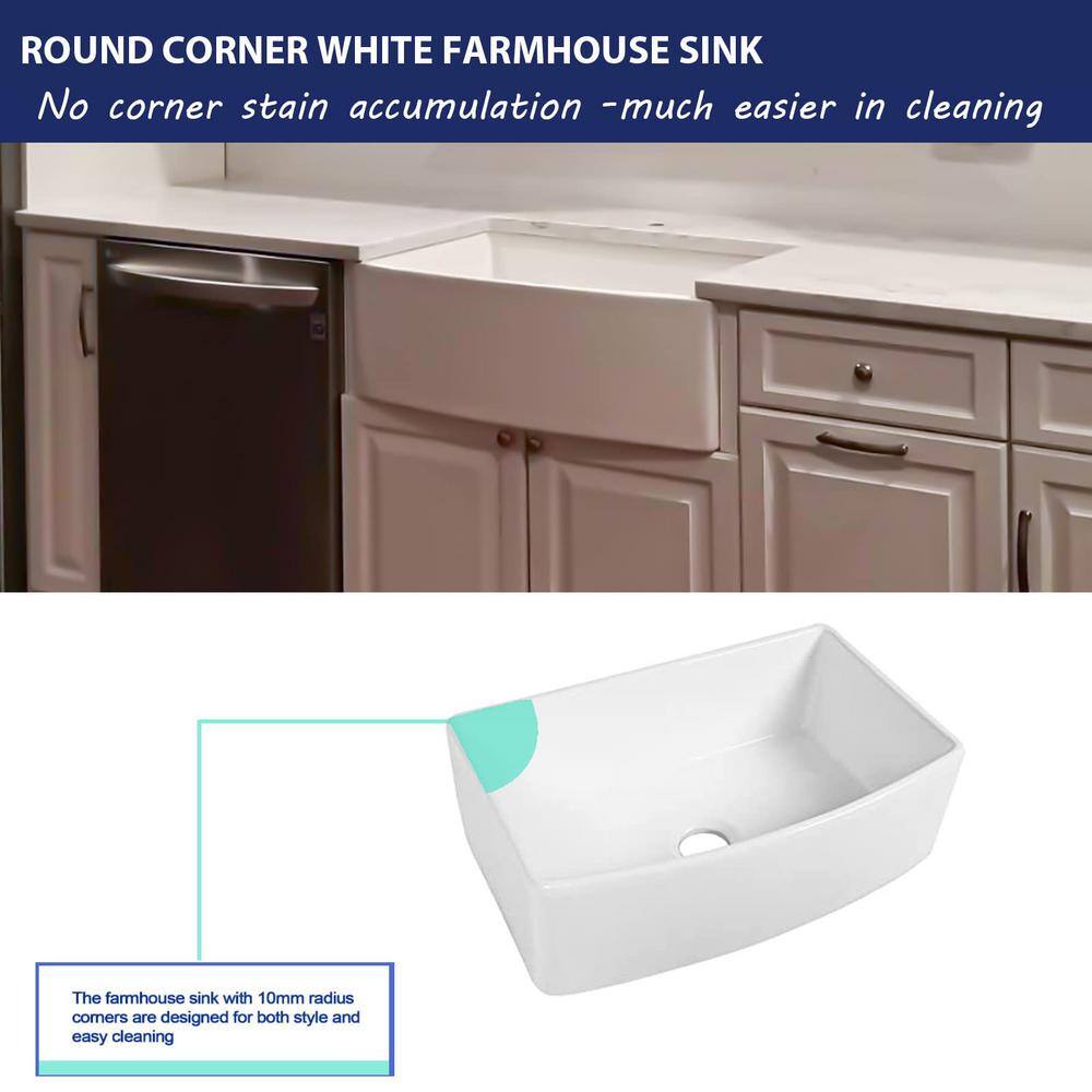 White Fireclay Ceramic 30 in. Single Bowl Farmhouse Apron Front Porcelain Arch Edge Kitchen Sink EC-KS3019-8241