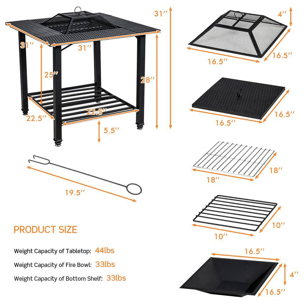 Costway 31 in. Outdoor Steel Fire Pit Dining Table Charcoal Wood Burning WCooking BBQ Grate OP70937