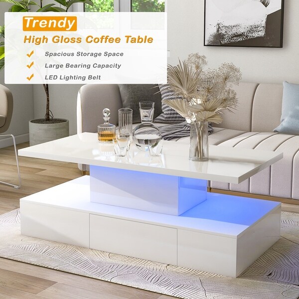 Modern Glossy Coffee Table with Drawer， 2-Tier Rectangle Center Table