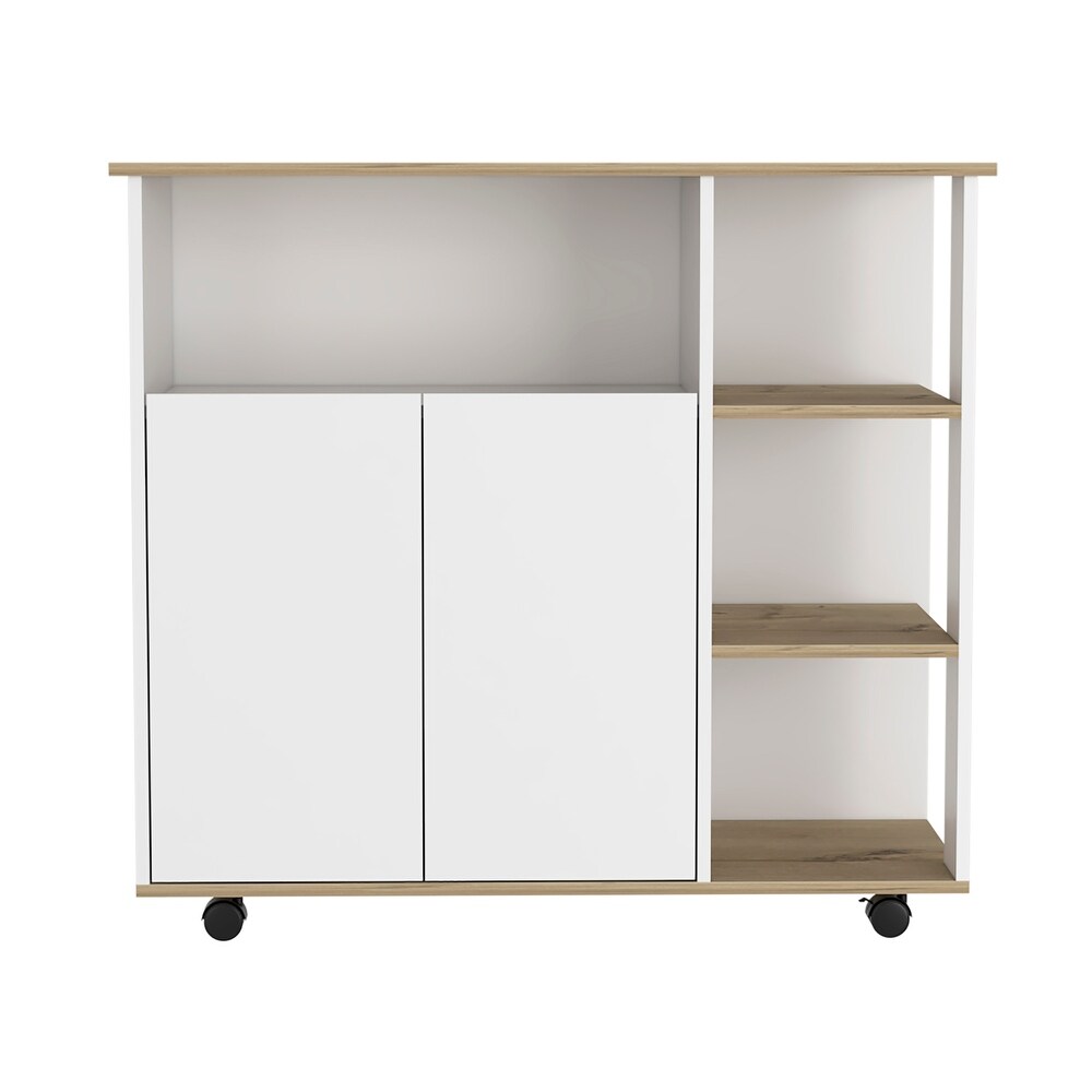 Light Oak Kitchen Island 4 Open Shelves 4 Casters Locking Mechanism   1 Cabinet with 1 Shelves Microwave Cart  White