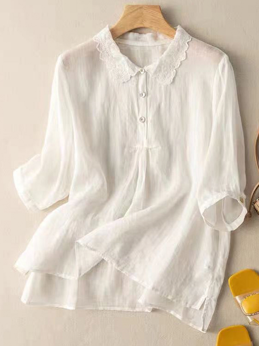 Casual Embroidered Lapel Half Sleeve Blouse