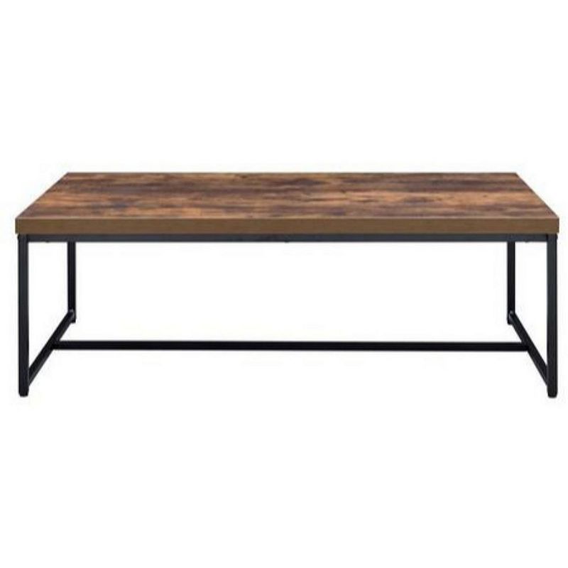 Metal Framed Coffee Table with veneer Top， Weathered Oak Brown and Black