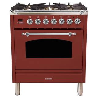 Hallman 30 in. 3.0 cu. ft. Single Oven Dual Fuel Italian Range with True Convection 5 Burners LP Gas Chrome Trim in Burgundy HDFR30CMBGLP