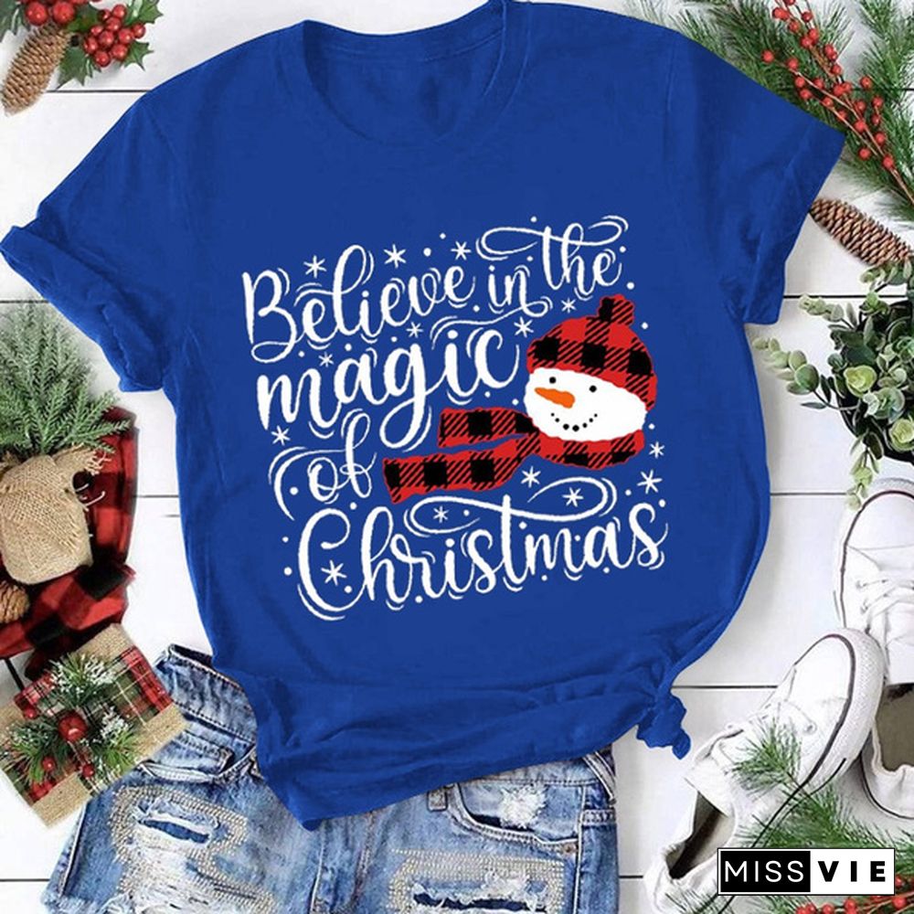 New Xmas Women Fashion Short Sleeve Merry Christmas Print Top Family Cute Casual Festival T Shirt Plus Size