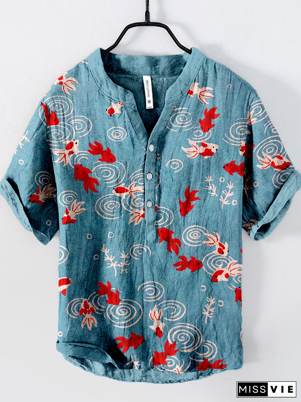 Japanese Gold Fish Art Pattern Linen Blend Shirt