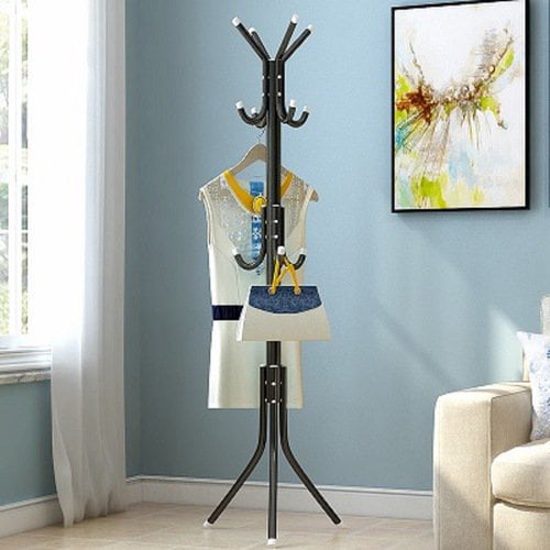 Standing Metal Coat Rack Hat Hanger 12 Hook for Jacket， Purse， Scarf Rack， Umbrella Tree Stand， Black