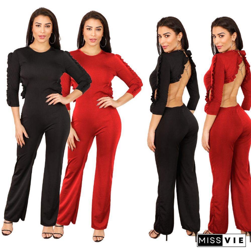 Sexy Flounces Backless Solid Color Round Neck Mid-waist Jumpsuit