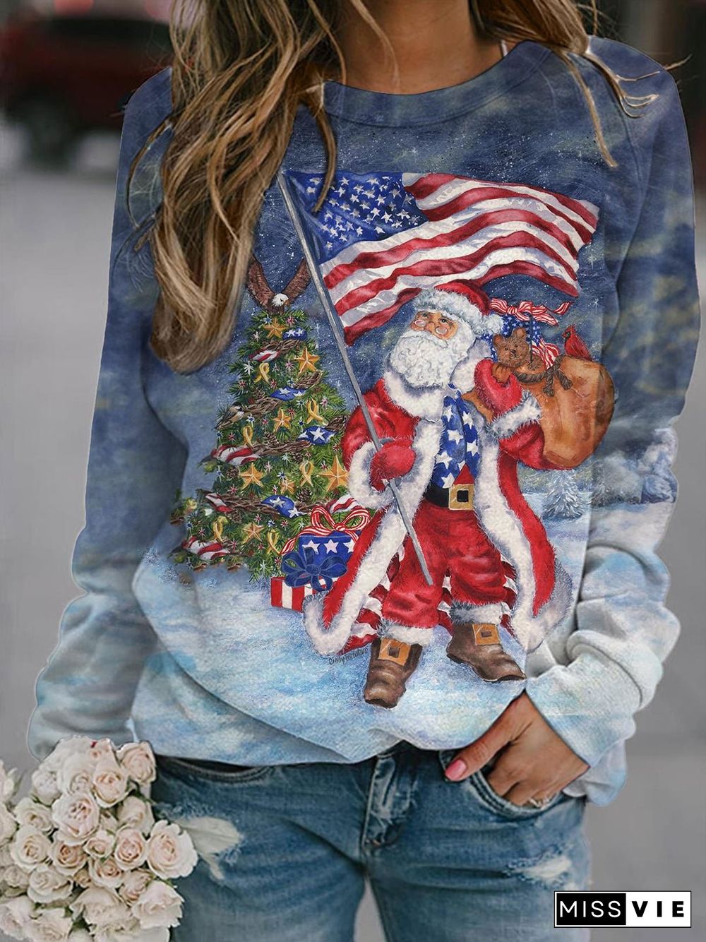 Women's Christmas Santa And USA Flag Print Sweatshirt