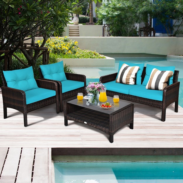 Costway 4pcs Patio Rattan Furniture Set Loveseat Sofa Coffee Table W turquoise Cushion