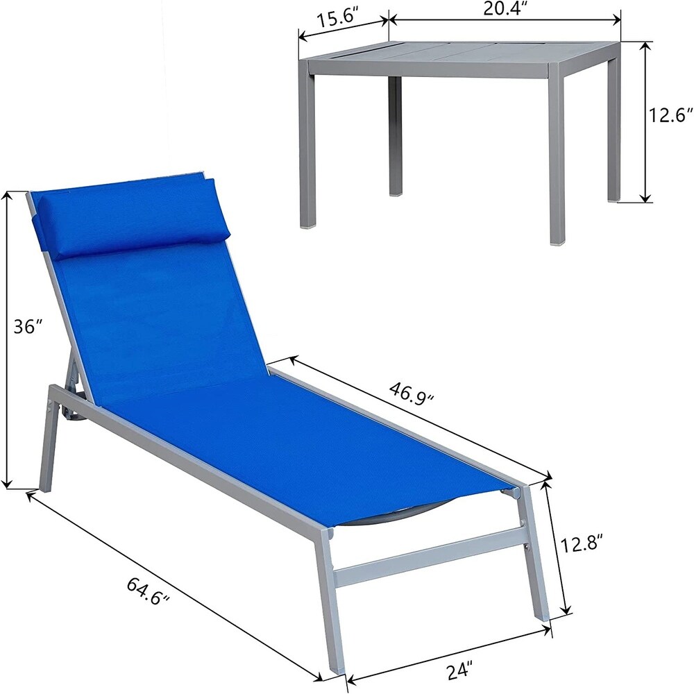 5 Adjustable Steel Outdoor 2 Chaise Lounge Chair with Pillow and 1 Table in Blue   N/A