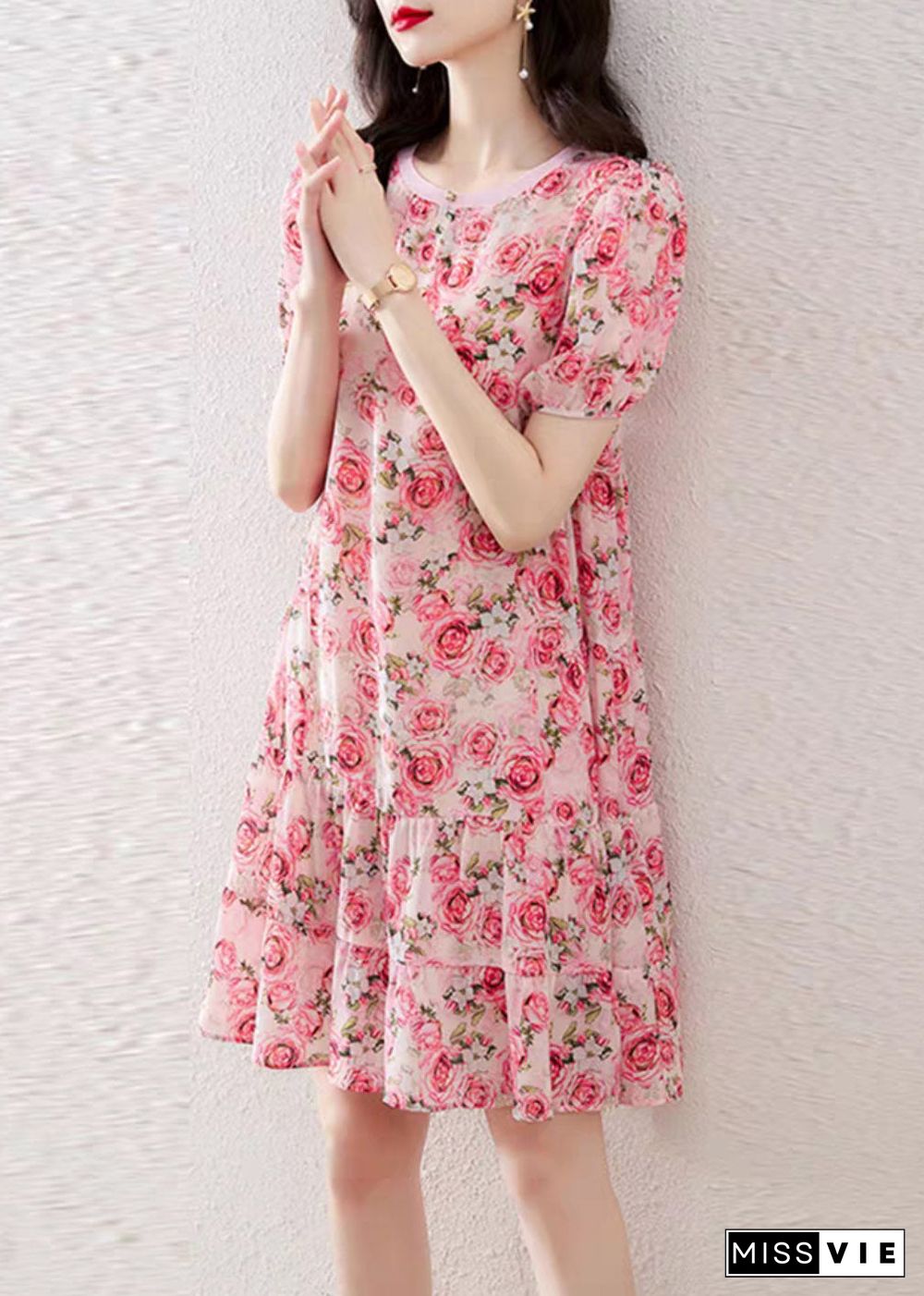 Italian O-Neck Print Wrinkled Silk Mid Dresses Short Sleeve