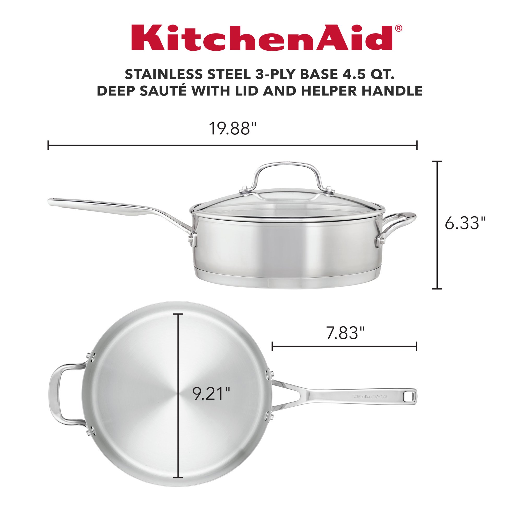 KitchenAid 4.5 Quart 3-Ply Base Stainless Steel Induction Saute Pan with Helper Handle and Lid