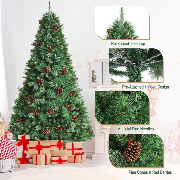 8ft Unlit Hinged PVC Artificial Christmas Pine Tree with Red Berries