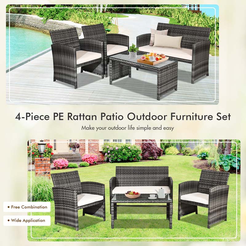 4 Pcs Rattan Wicker Patio Furniture Sets, Outdoor Conversation Sets with Loveseat, Table, Single Sofas