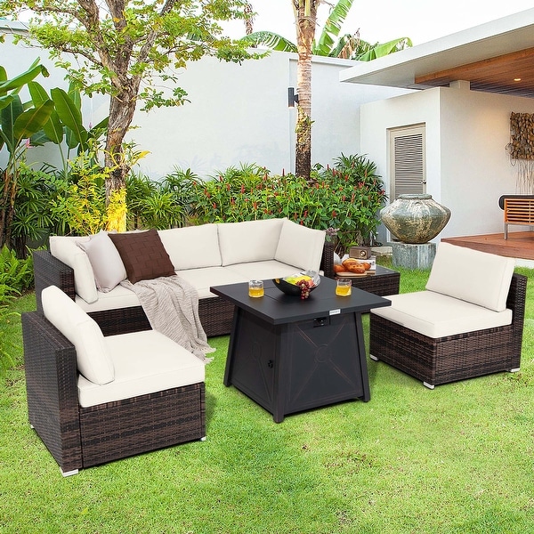 7PCS Patio Conversation Set Furniture Set w /50，000 BTU Fire Pit Table