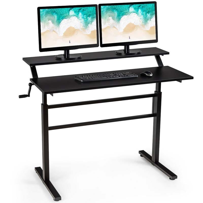 2-Tier Standing Desk, Height Adjustable Sit Stand Up Desk, Computer Desk Workstation with Monitor Stand & Foldable Crank Handle