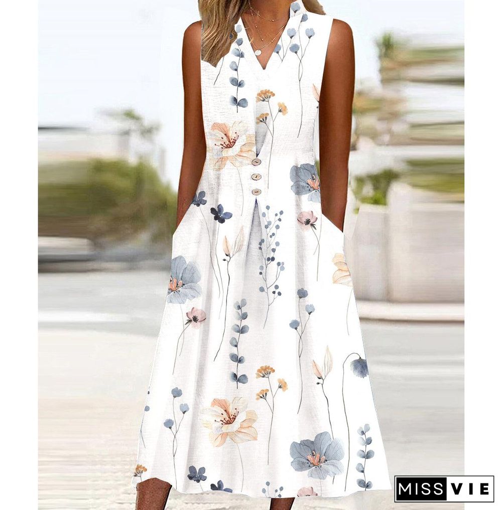 White Floral Print Sleeveless Midi Dress