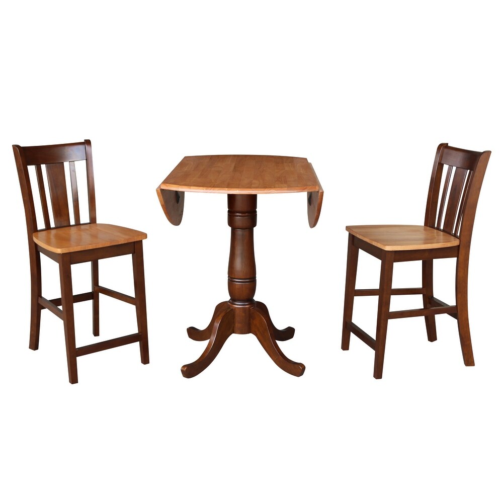 42 in. Round Dual Drop Leaf Counter Height Dining Table with 2 Splatback Stools   3 Piece Set