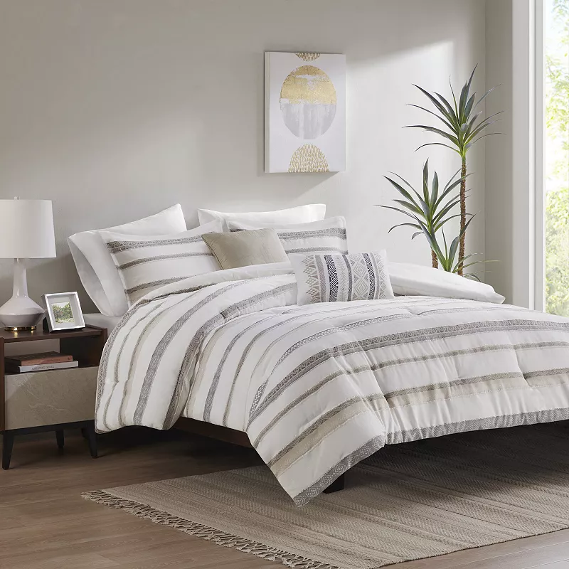 Madison Park Aspen 5-Piece Striped Clipped Jacquard Comforter Set with Throw Pillows