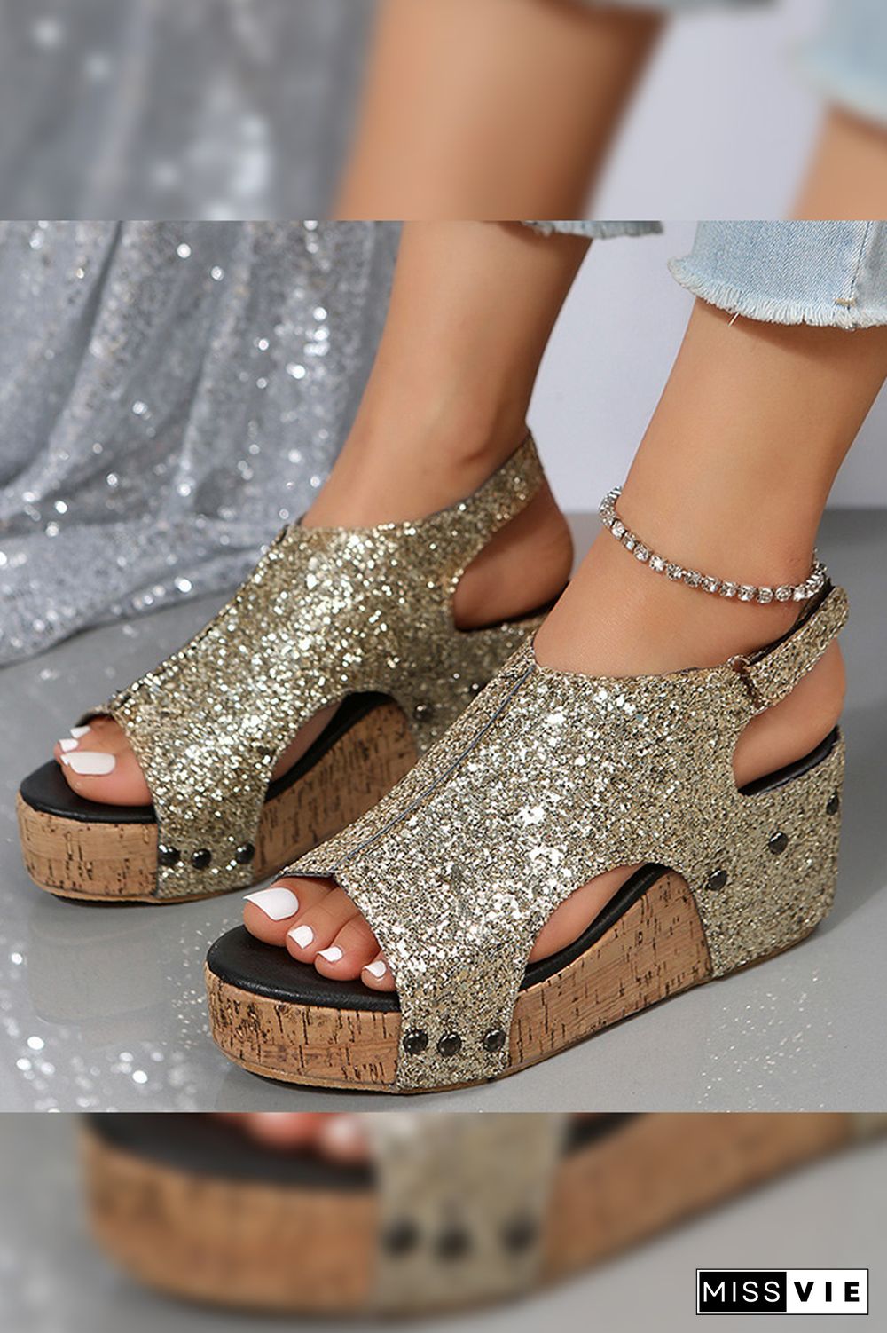 Bling Glitter Rivet Wedge Sandals