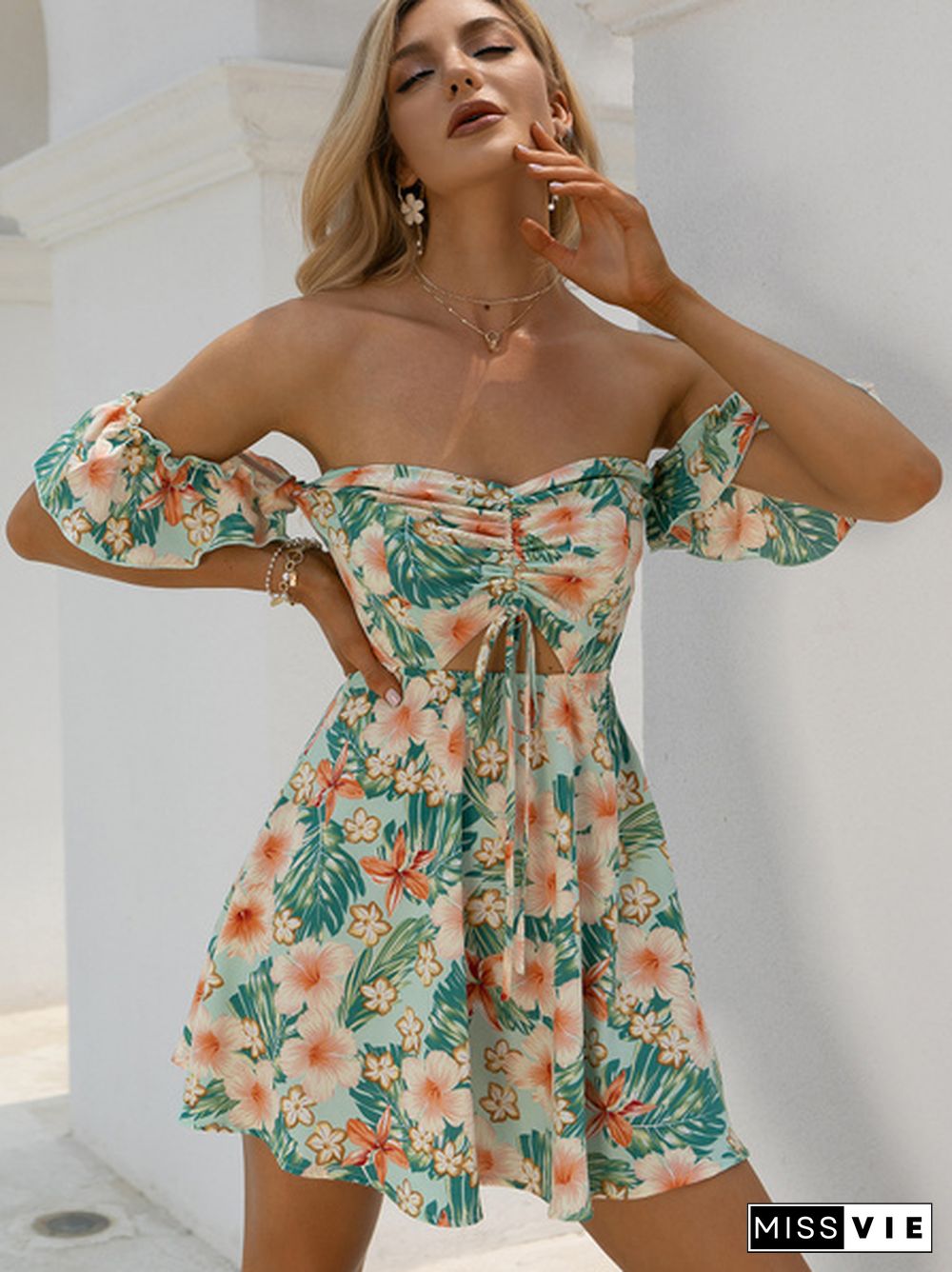 Tropical Floral Print Drawstring Peekaboo Bardot Beach Hot Dress