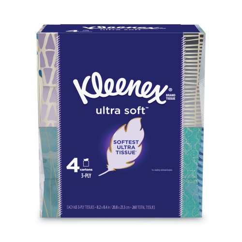 Kleenex Ultra Soft Facial Tissue， 3-Ply， White， 65 Sheets/Box， 4 Boxes/Pack， 12 Packs/Carton (50173CT)