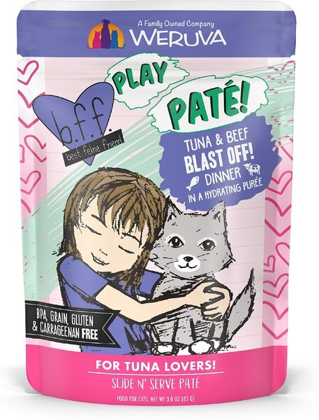 BFF Play Pate Lovers Tuna and Beef Blast Off Wet Cat Food， 3-oz pouch， pack of 12