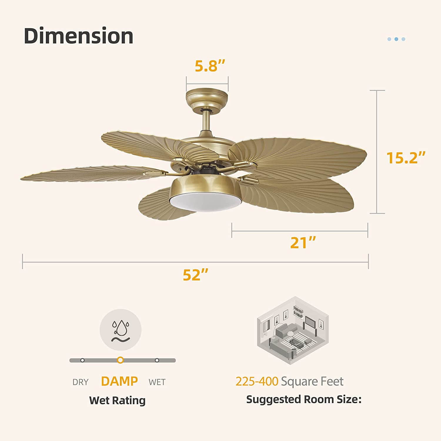 YITAHOME 52 Inch Tropical Ceiling Fans with Light and Remote， Fan Light with Memory Function， 3 Speed and Lights Colors Changing， Palm 6 Leaf Blades for Outdoor/Indoor