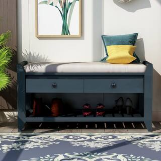 Harper  Bright Designs Entryway Blue Storage Bench with Cushioned Seat Drawers and Shoe Rack 19.8 in. H x 39 in. W x 14 in. D WF195386AAM